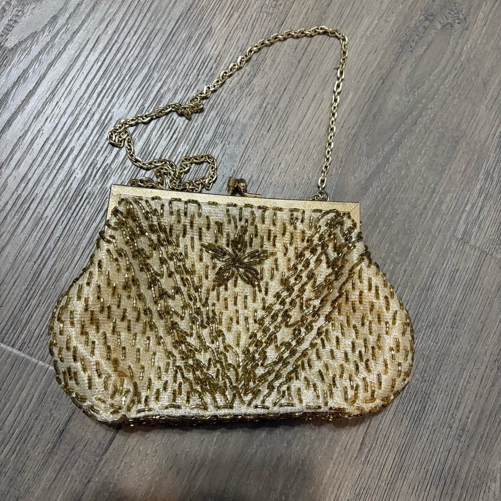 Vtg Gold Beaded Small Cocktail Purse Evening Bag Flapper 20s Satin Lining